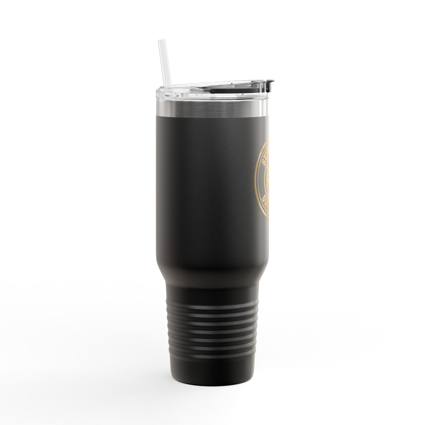 Black tumbler with a gold logo 