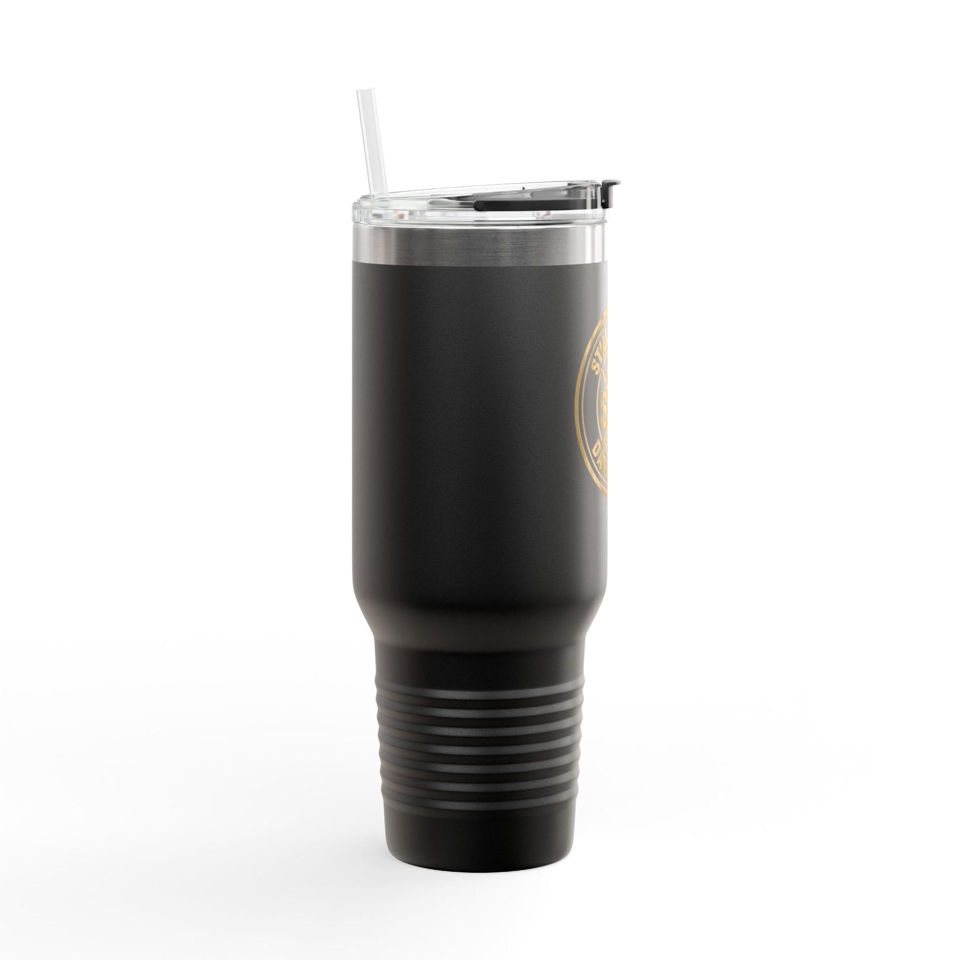 Black tumbler with a gold logo 