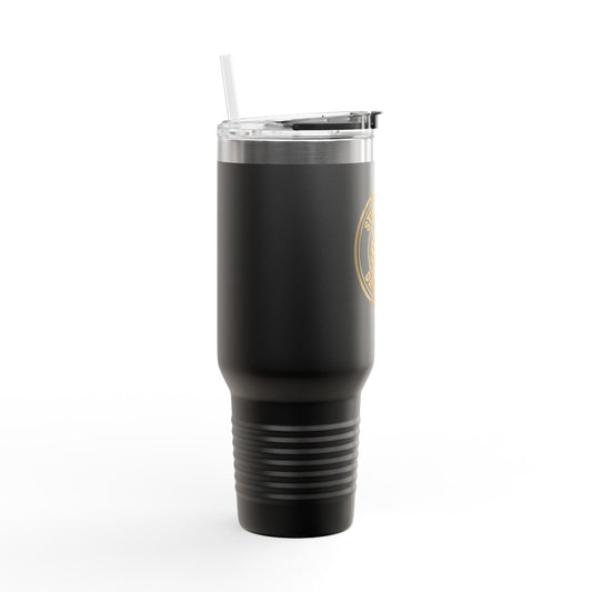 Black tumbler with a gold logo 