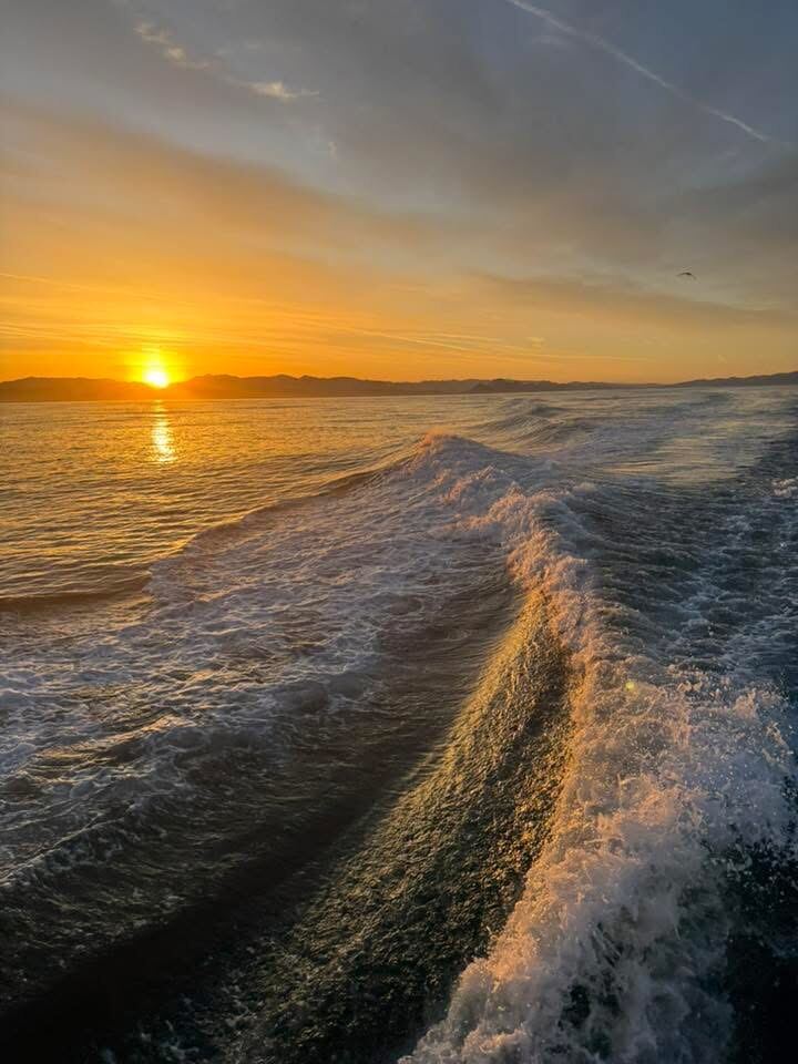 Sunset wake off the back of the boat, Channel Islands on the horizon