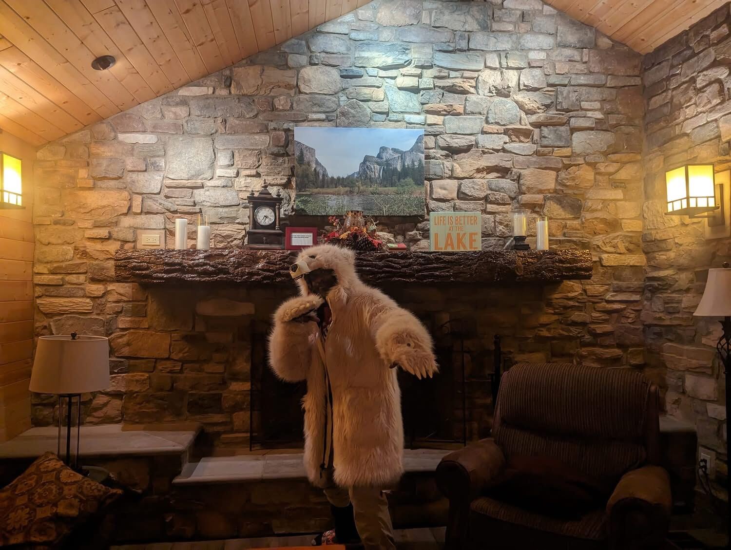 Stone fireplace inside the cabin — bear coat on the hearth