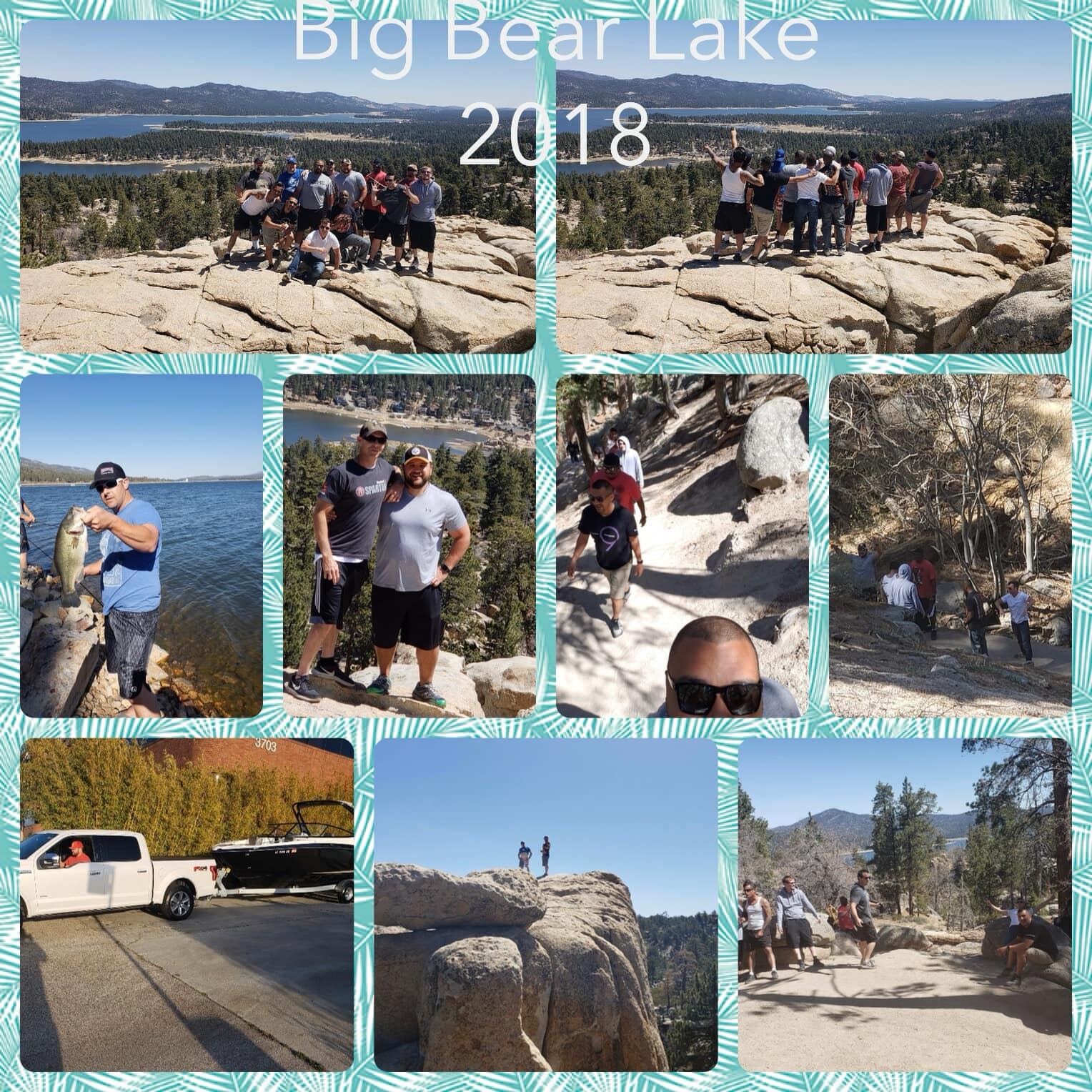Big Bear Lake 2018 collage — boat tow, hike, fish, summit