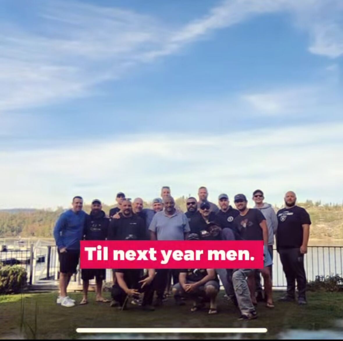 Whole crew on the lawn at the marina — 'Til next year, men.'