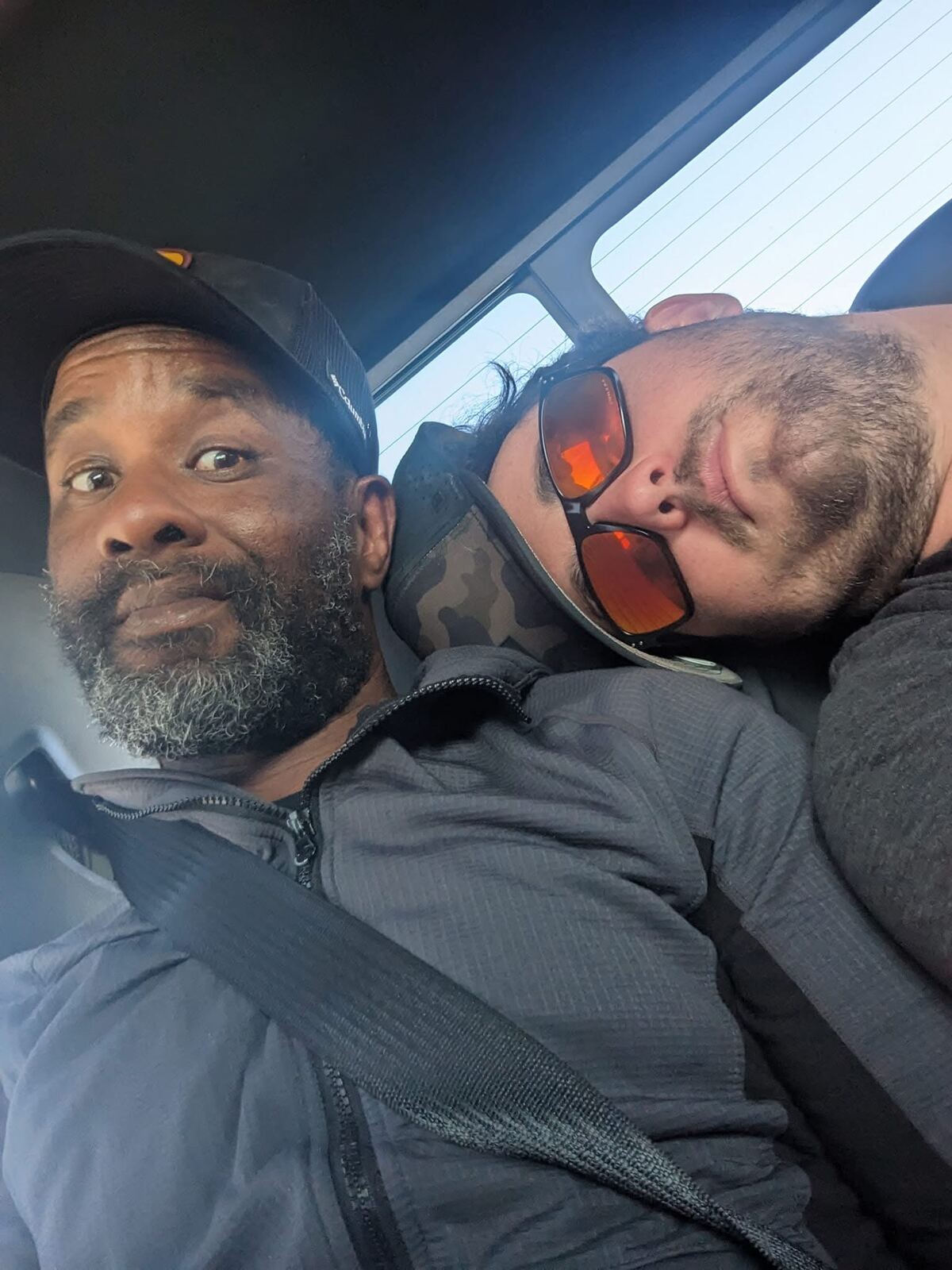 Backseat truck selfie on the way home — tired, full, satisfied